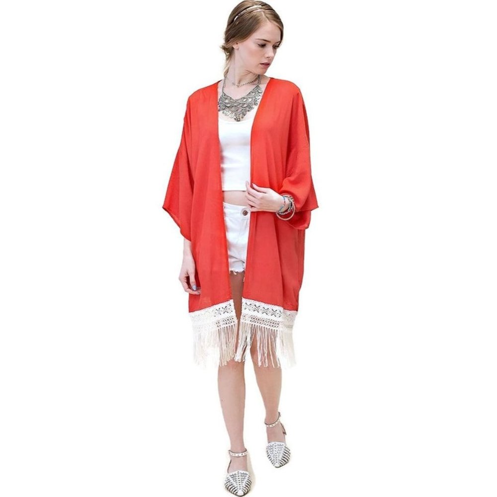 Kori America Bohemian Crochet & Fringe Kimono Jacket, Rust